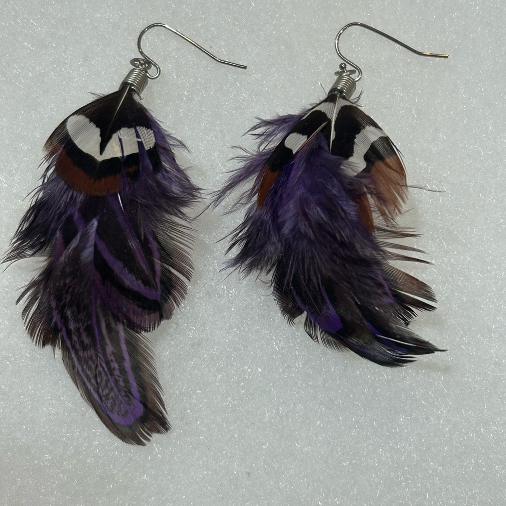 Purple Black Feather Dangle Earrings Boho Festival Statement